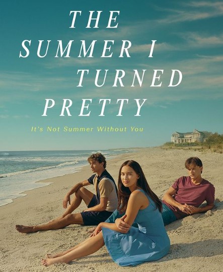 A movie poster of "The Summer I Turned Pretty" featuring Christopher Briney, Lola Tung and Gavin Casalegno on a beach.
