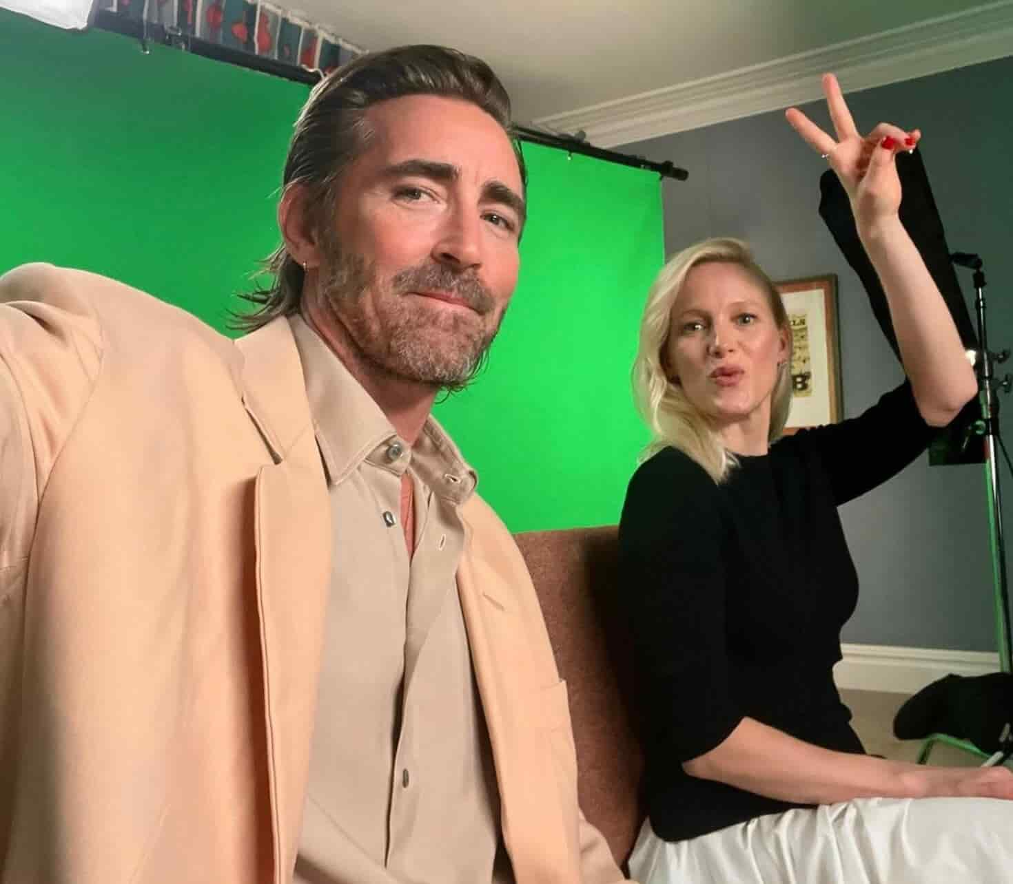 Lee Pace with his Foundation co-star, Laura Birn where Lee is taking selfie and Laura is posing with peace sign..