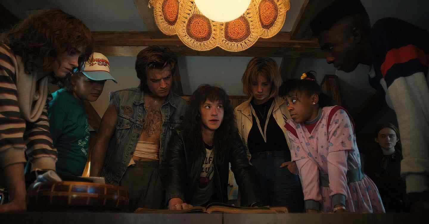 Joseph Quinn as Eddie Munson, alongside Stranger Things Characters, planning how to defeat Vecna on the Stranger Things set.