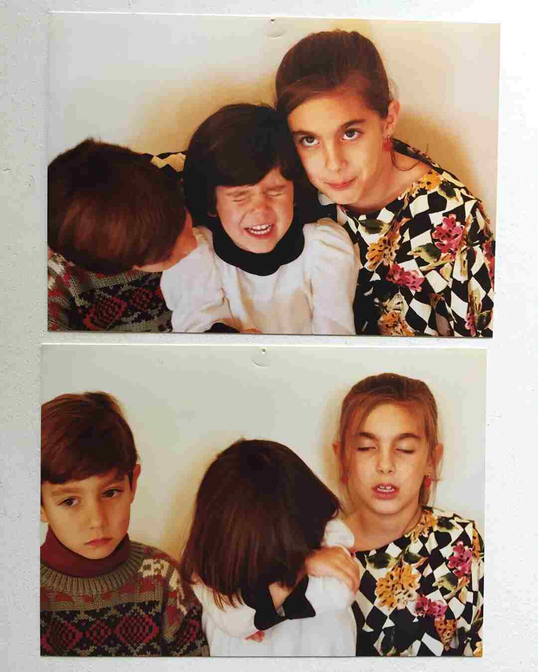 A two-frame vintage photo of a young Monica Barbaro with her siblings.