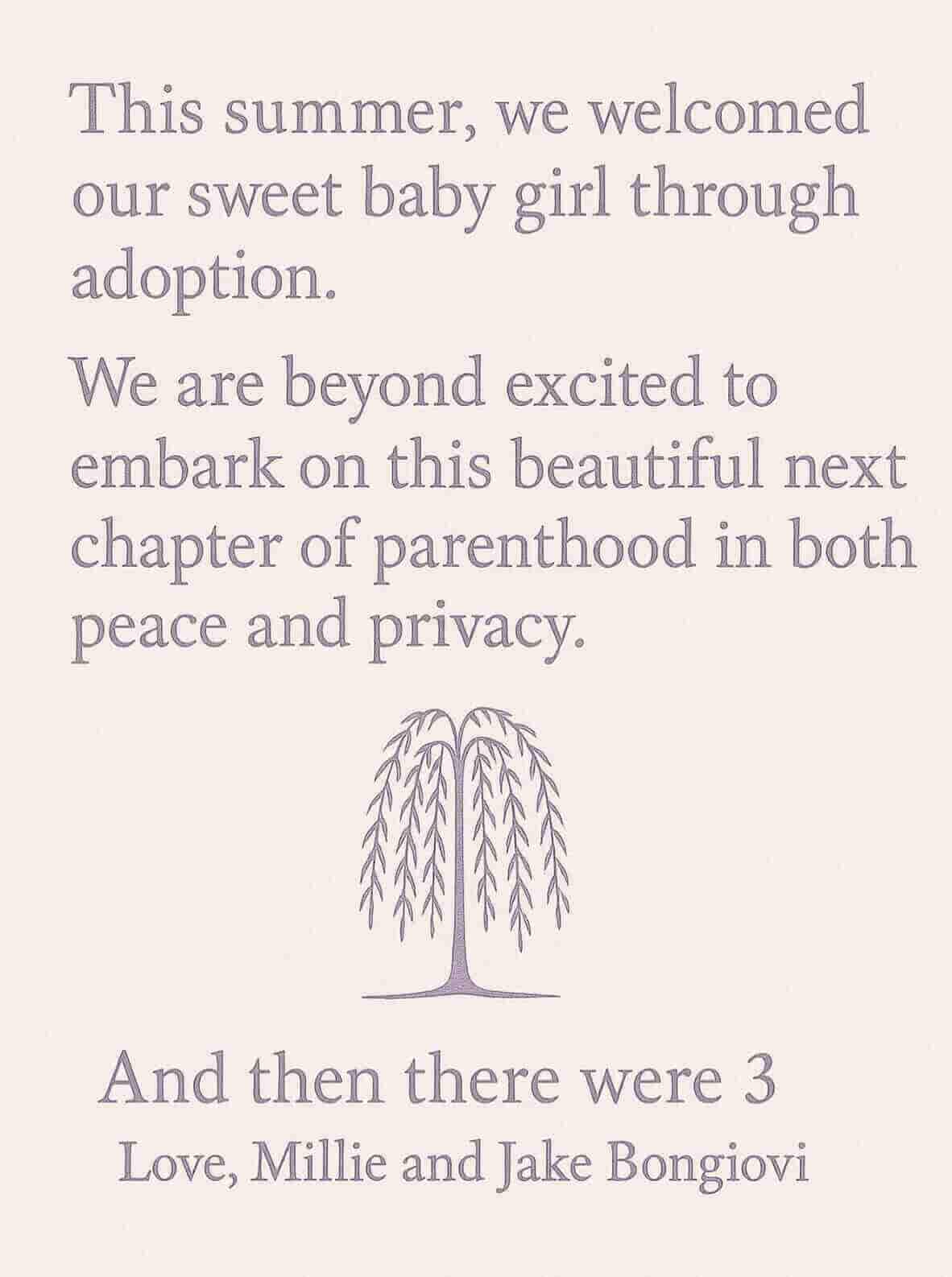 Baby Announcement Instagram post of Millie Baby Brown and Jake Bongiovi.