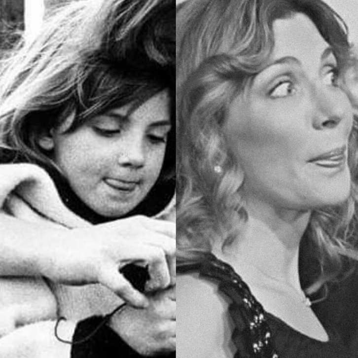 : A black and white diptych of Natasha Richardson as a child on the left and as an adult on the right, both photos showing her sticking her tongue out.