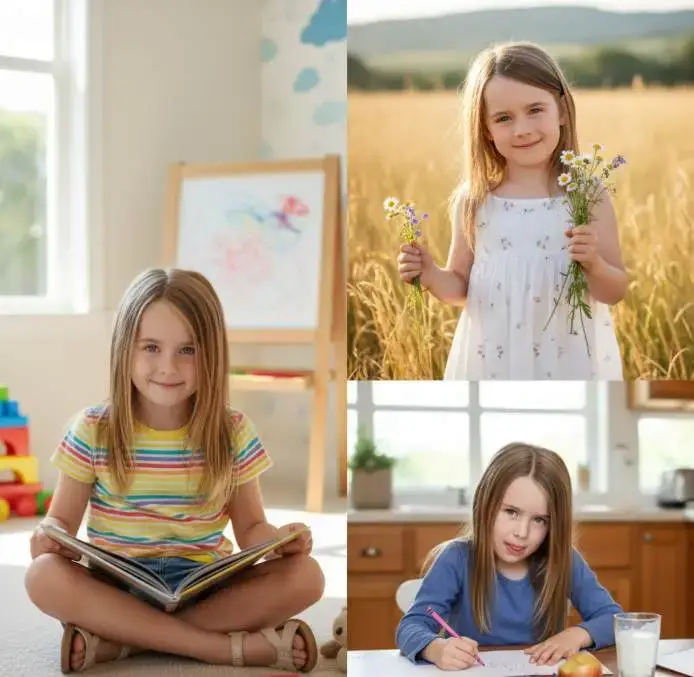 Viven Turner is shown in three different settings: reading on the floor, holding wildflowers in a field, and drawing at a table.