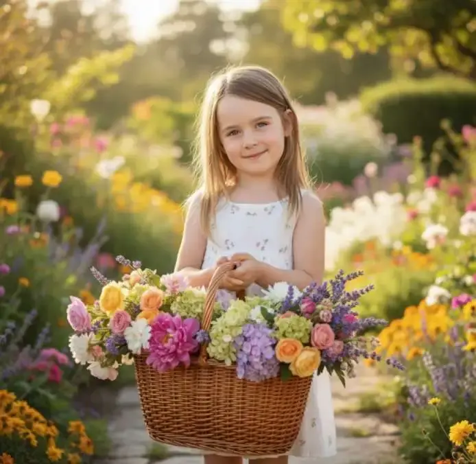 Viven Turner smiles while holding a large basket filled with colorful flowers in a beautiful garden.