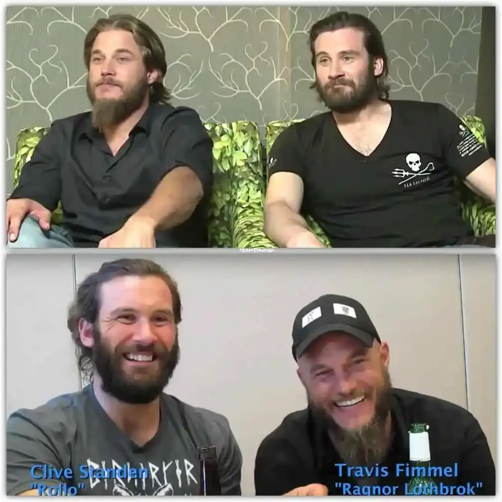 two-part image showing actors Travis Fimmel and Clive Standen. The top picture shows them sitting together on a sofa, looking at the camera. The bottom picture shows them laughing, with text identifying Standen as "Rollo" and Fimmel as "Ragnar Lothbrok."