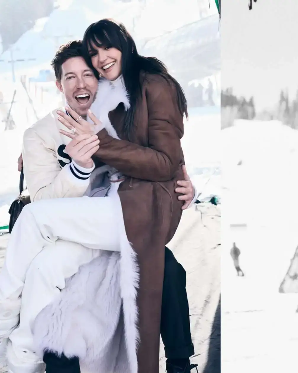 An outdoor shot of actress Nina Dobrev and her ex-boyfriend, Olympic snowboarder Shaun White, standing close together, smiling at the camera.