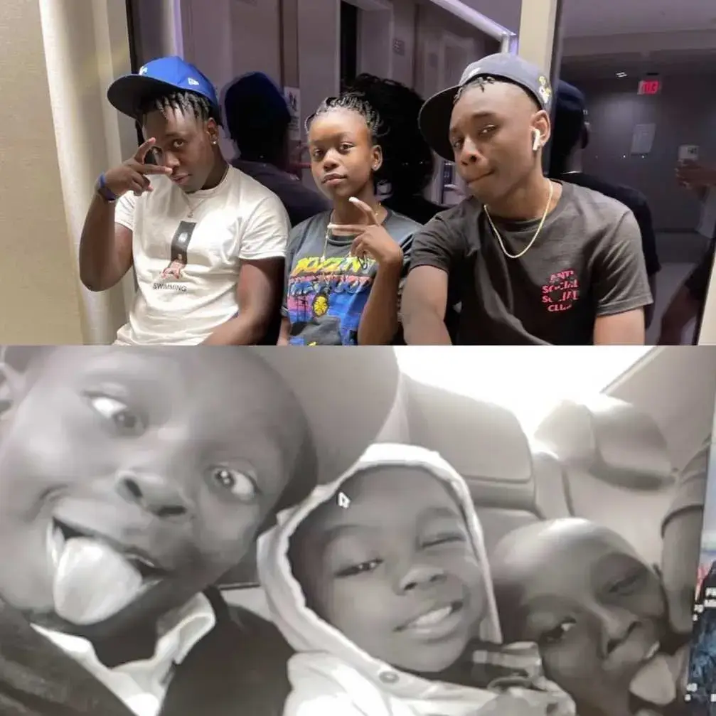 A diptych showing Miles Caton with his siblings, Ella and Quincy Caton, first as adults and then as children.