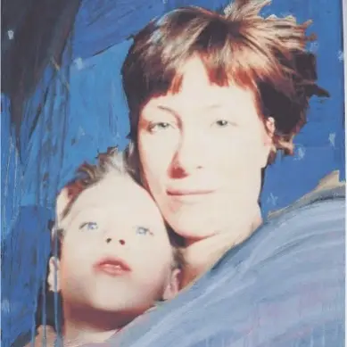 Jo Andres holding her young son Lucian, painted in a blue-toned style.