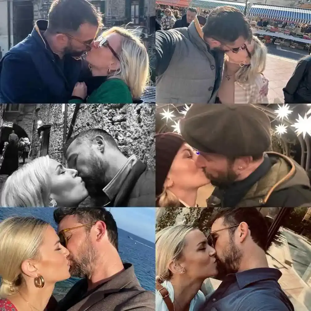 A six-panel collage showing Noah Wyle and his wife Sara Wells sharing kisses in various settings, both in color and black and white.