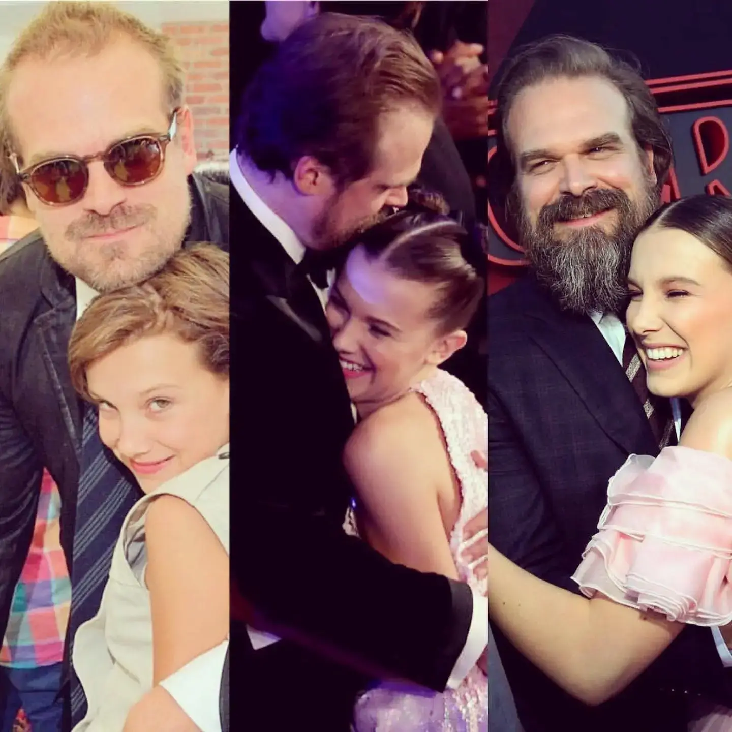 A three-panel collage showing David Harbour and Millie Bobby Brown
