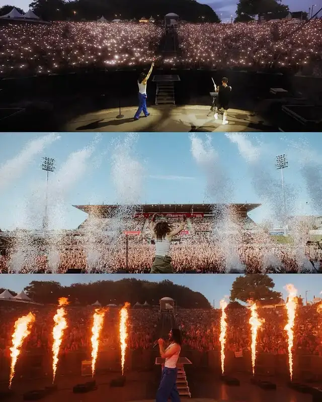A three-panel collage of musician and actor Jared Leto performing with his band on a large outdoor stage with fire jets and large crowds cheering with cell phone lights.