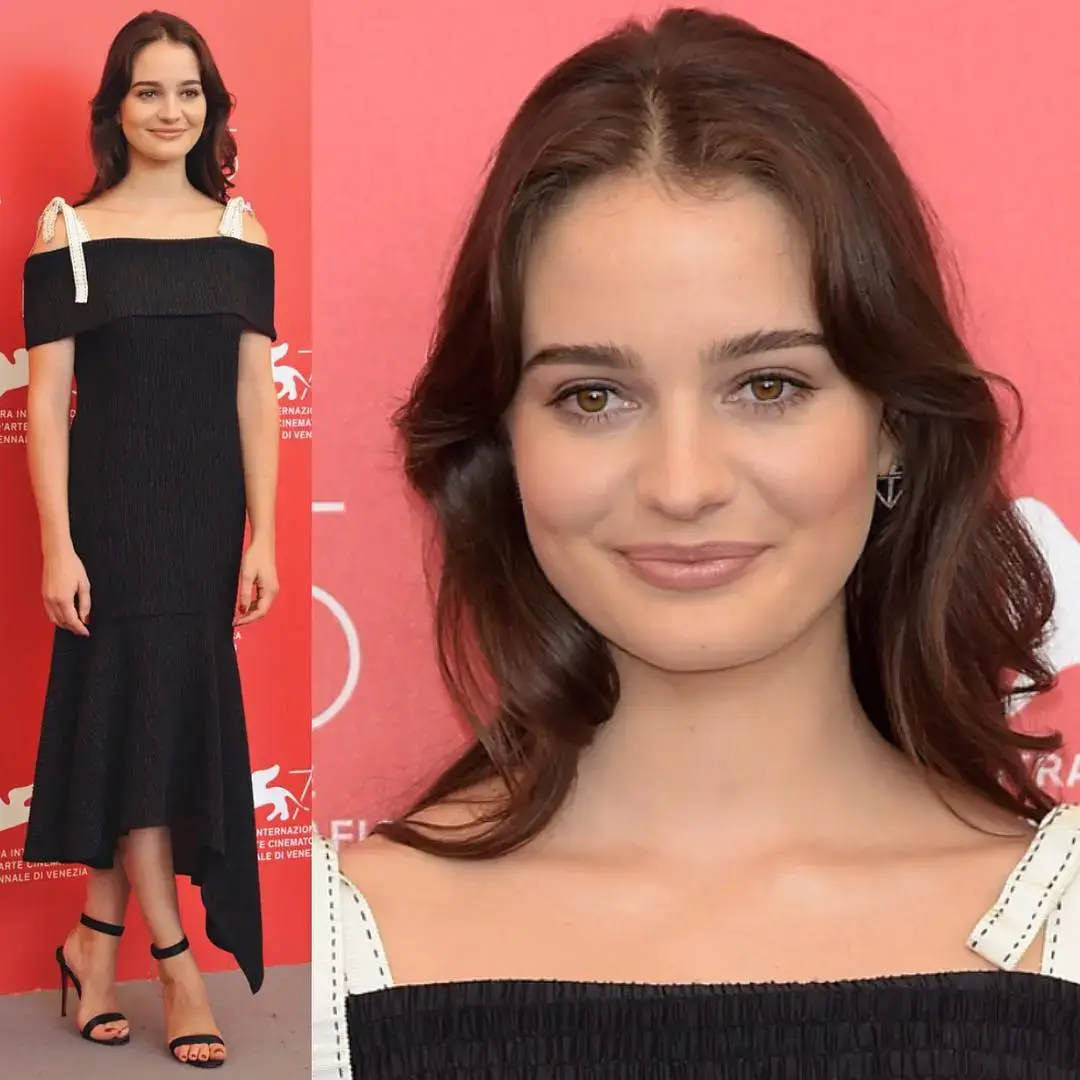 Actress Aisling Franciosi smiles in a collage featuring a full-length pose and a close-up shot of her wearing a black off-the-shoulder dress with white straps at a red carpet event.