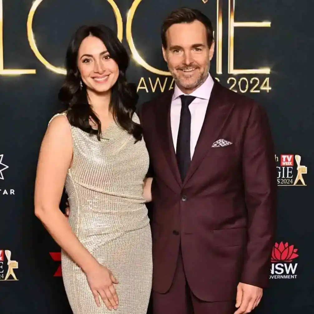 Will Forte and his wife Olivia Modling smile together on the red carpet at the 2024 Logie Awards in Sydney.