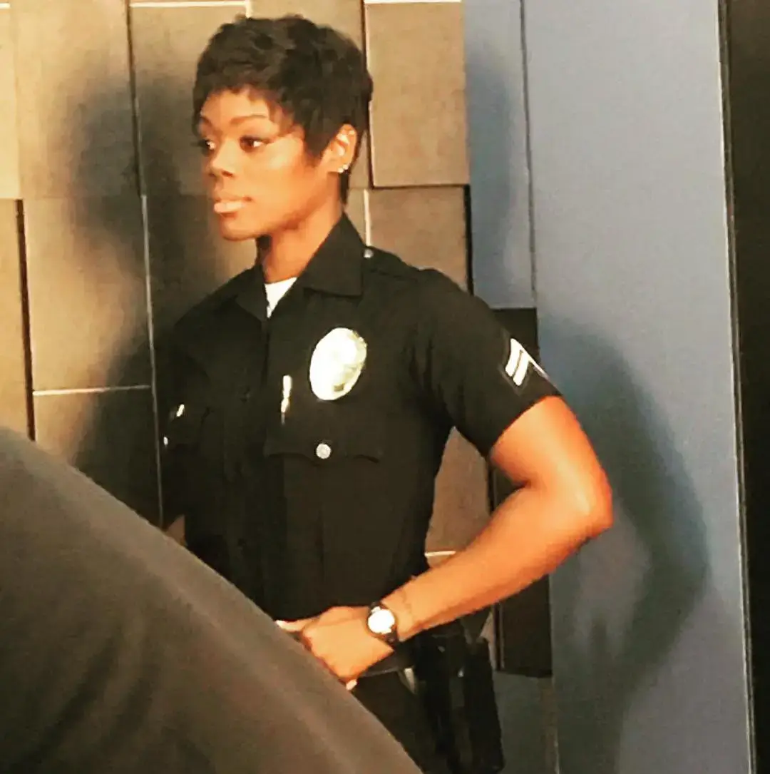 Afton Williamson on the set of the police procedural series The Rookie as Officer Talia Bishop.