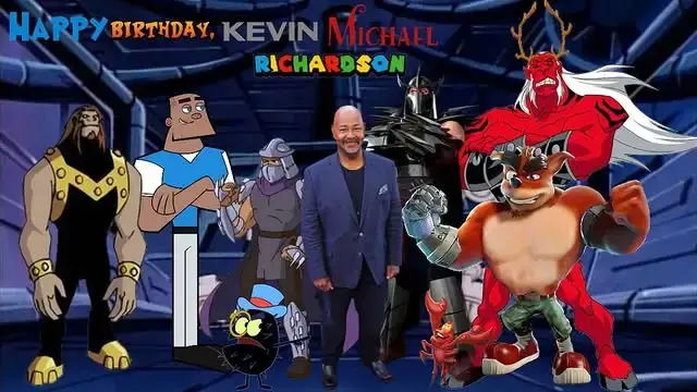 A photo showing voice actor Kevin Michael Richardson surrounded by a collage of iconic characters he has voiced, including the Joker, Captain Gantu, and Principal Lewis.