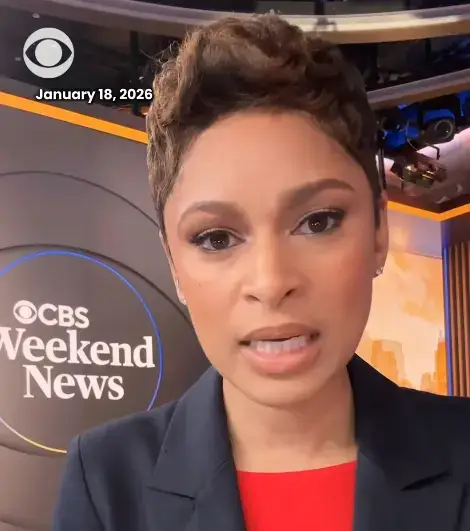 News anchor Jericka Duncan speaks directly to the camera during a CBS Weekend News broadcast on January 18, 2026.