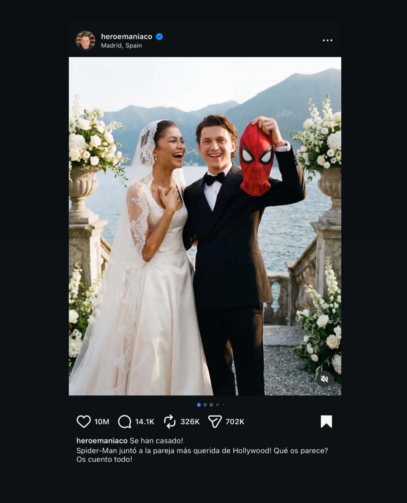 An AI-generated image of Zendaya in a white wedding dress and Tom Holland in a tuxedo holding a Spider-Man mask by a lake.