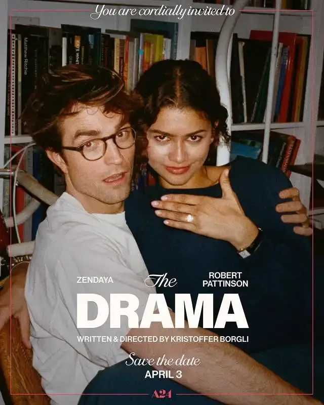 Zendaya and Robert Pattinson pose together as an engaged couple, with Zendaya resting her hand on his chest to display a prominent engagement ring.