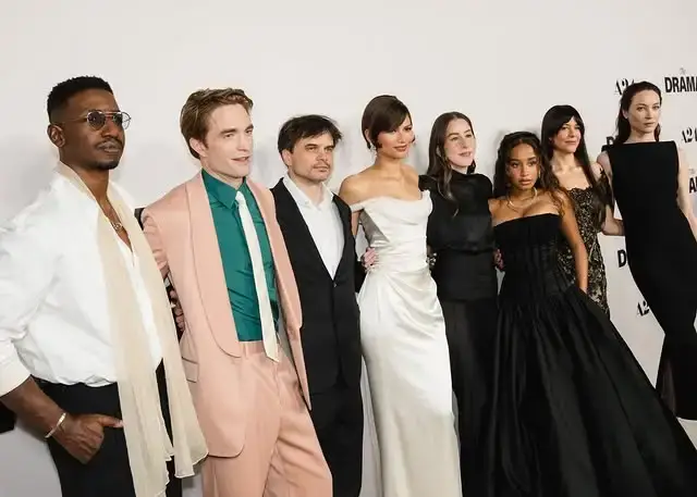 Zendaya, Robert Pattinson, and the ensemble cast of The Drama pose together on the red carpet at the film