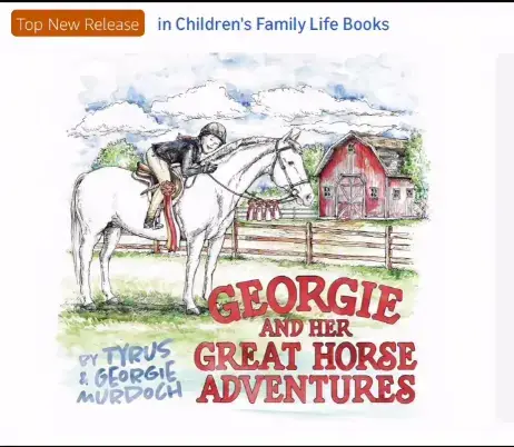 The book cover for Georgie and Her Great Horse Adventures features a young girl with a ponytail hugging a large brown horse in a sunny field.