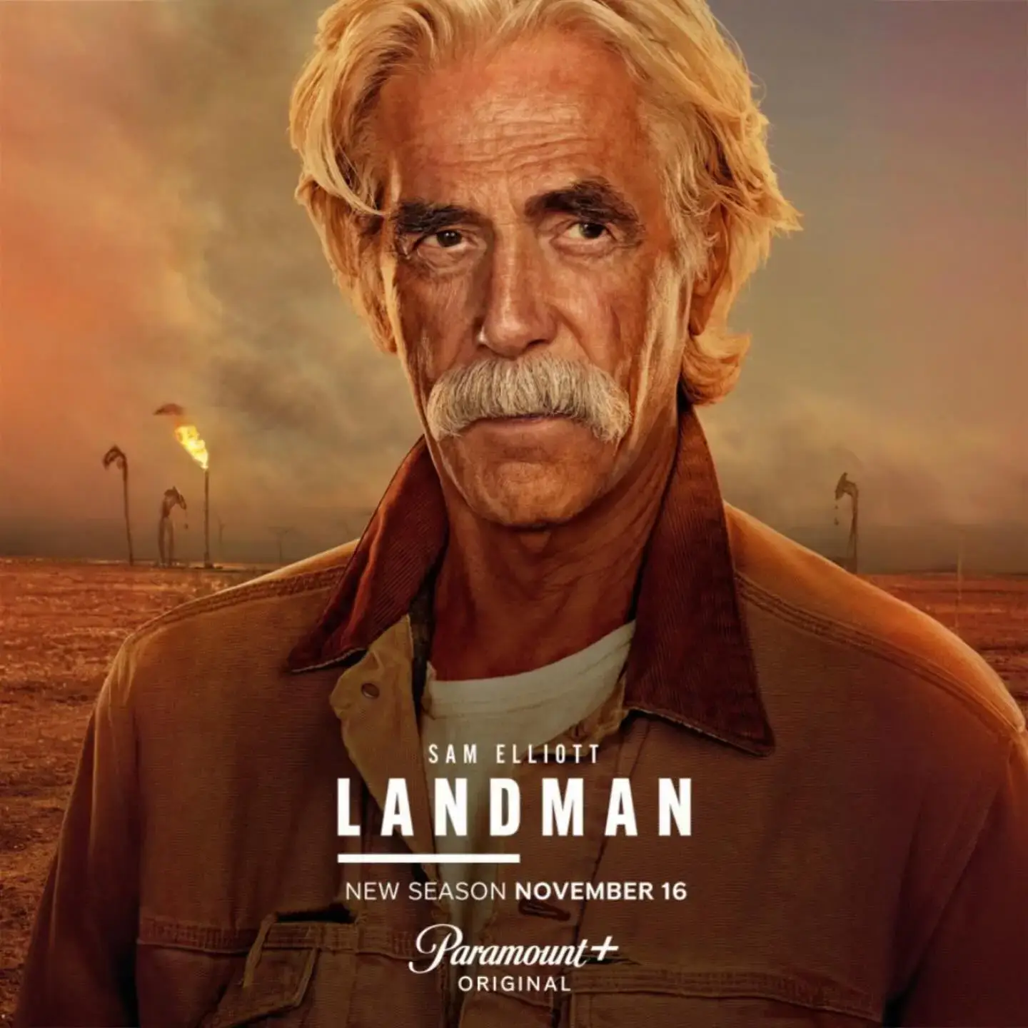 A promotional poster for the series Landman featuring a close-up of Sam Elliott against a dusty oil field background.