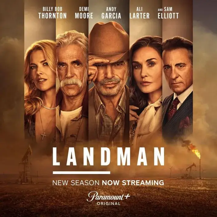 Ensemble cast poster for the series Landman featuring Sam Elliott alongside Billy Bob Thornton, Demi Moore, and Andy Garcia.