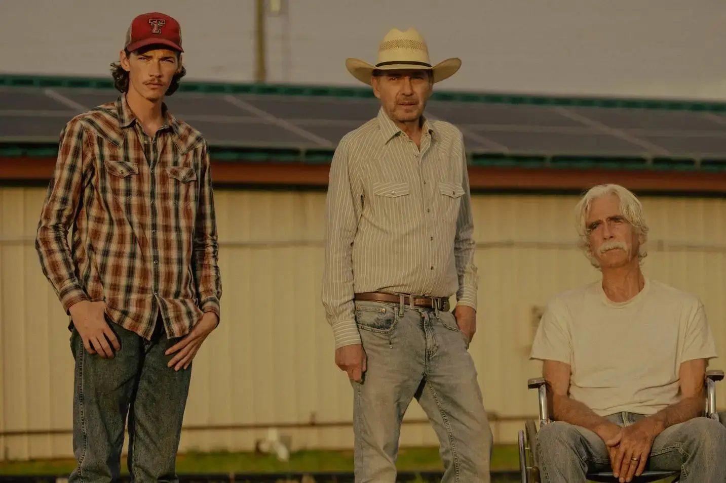 Jacob Lofland, Billy Bob Thornton and Sam Elliott appear in a rugged outdoor scene from the television series Landman.