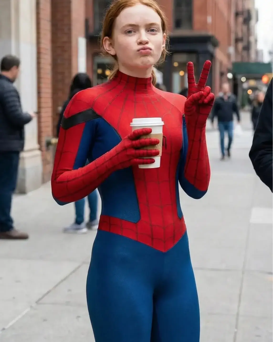 A close-up photograph of Sadie Sink in a classic red and blue Spider-Man suit, making a peace sign and holding a coffee cup on a city sidewalk.