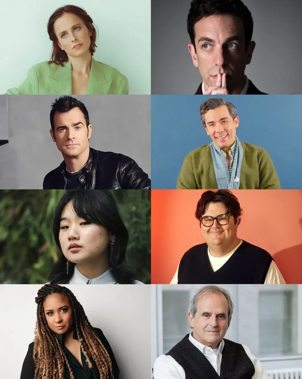 A grid of eight headshots featuring various actors and personalities associated with a production of The Devil Wears Prada.