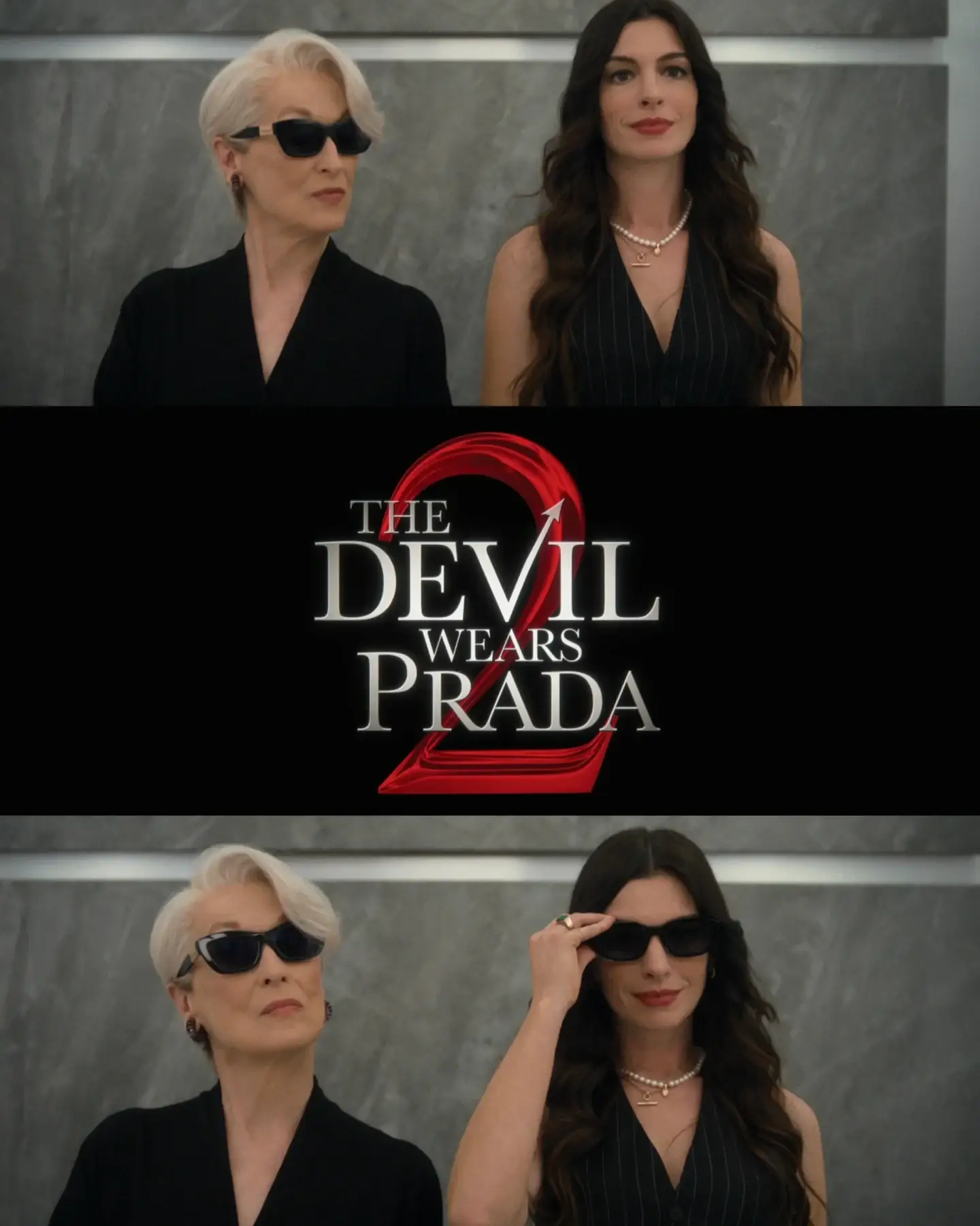 The Devil Wears Prada 2 featuring Meryl Streep and Anne Hathaway in high-fashion black outfits.