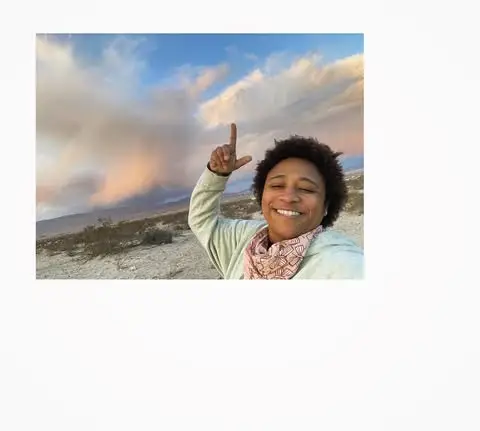 A smiling person with an afro hairstyle takes a selfie in a desert landscape while pointing toward a cloudy sunset sky.