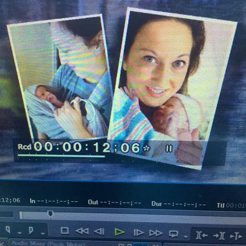 A video editing timeline displays two side-by-side photo frames of Magen Fieramusca holding a newborn baby.