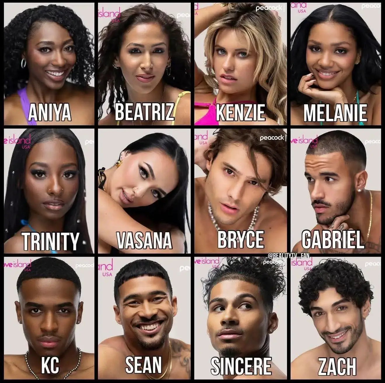 Love Island USA cast members including Aniya, Beatriz, Kenzie, Melanie, Trinity, Vasana, Bryce, Gabriel, KC, Sean, Sincere, and Zach.