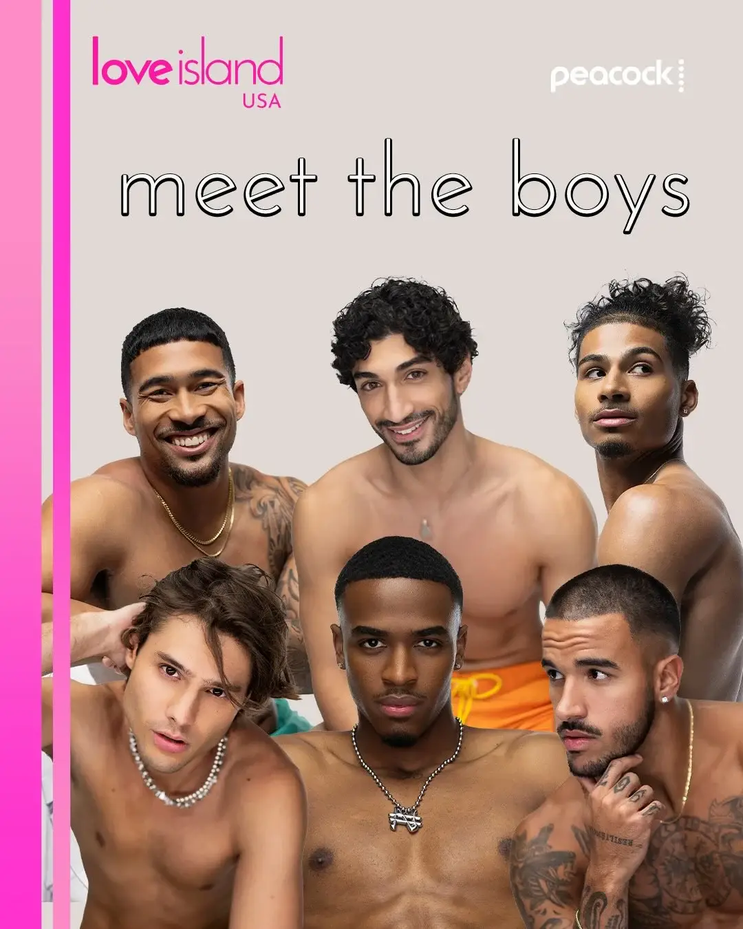 Six male cast members from Love Island USA pose together shirtless under the text "meet the boys,".