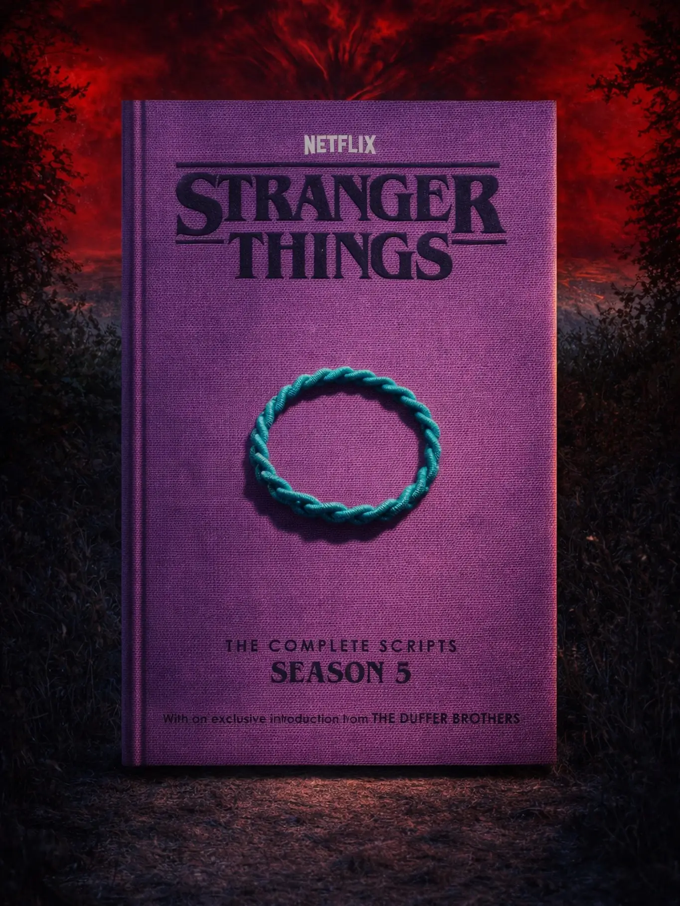 A purple book cover for "Stranger Things: The Complete Scripts Season 5" features a blue braided hair tie in the center against a dark, red-sky background.