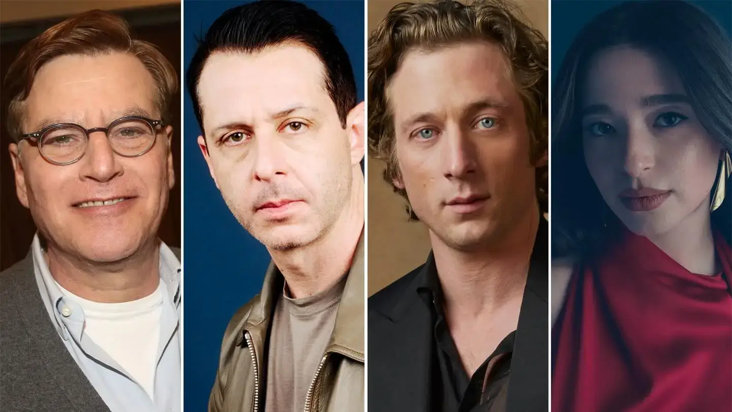 A side-by-side four-panel headshot collage featuring Aaron Sorkin, Jeremy Strong, Jeremy Allen White, and Mikey Madison.