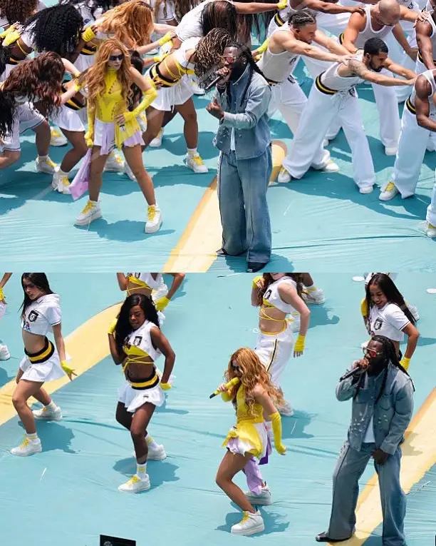 In a two-panel vertical collage, Shakira in a vibrant yellow outfit and Burna Boy in a denim suit perform on a bright teal stage surrounded by dynamic backup dancers.
