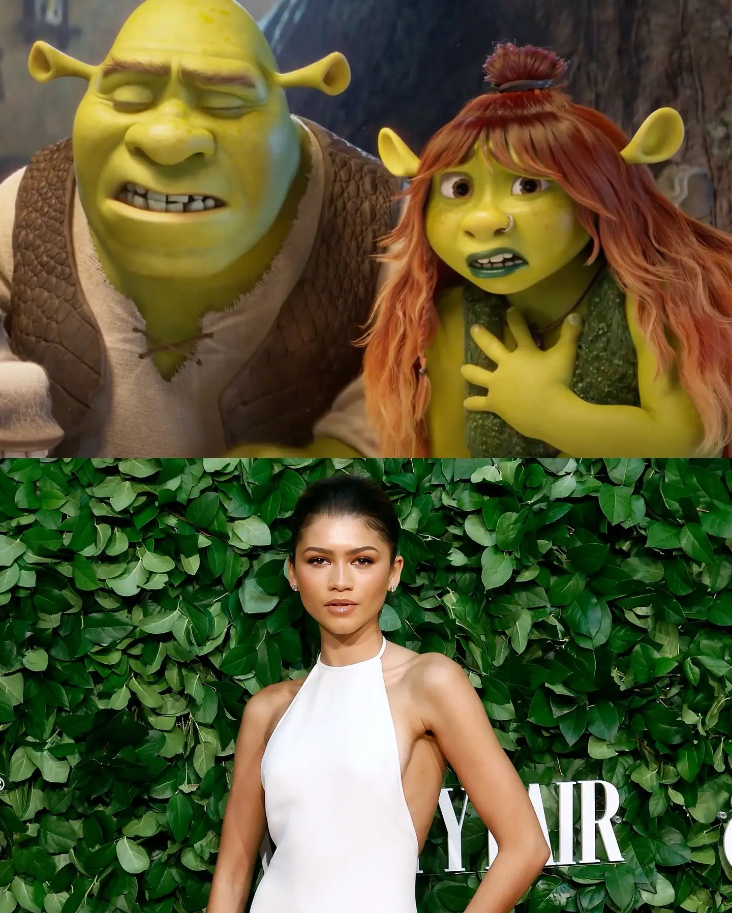 A split image showing an animated still of Shrek alongside a young female ogre on top, and a photo of Zendaya in a white halter dress on the bottom.
