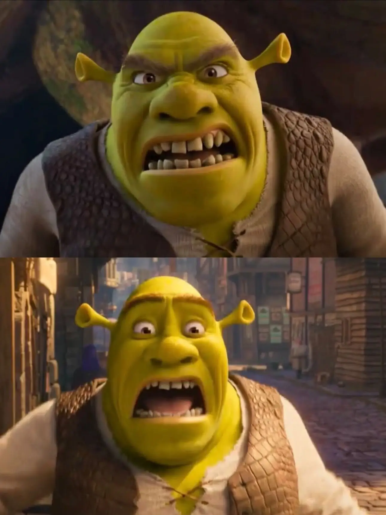 A split-screen image showing the animated character Shrek making a fierce, gritting expression on the top and a shocked, wide-mouthed expression on the bottom.