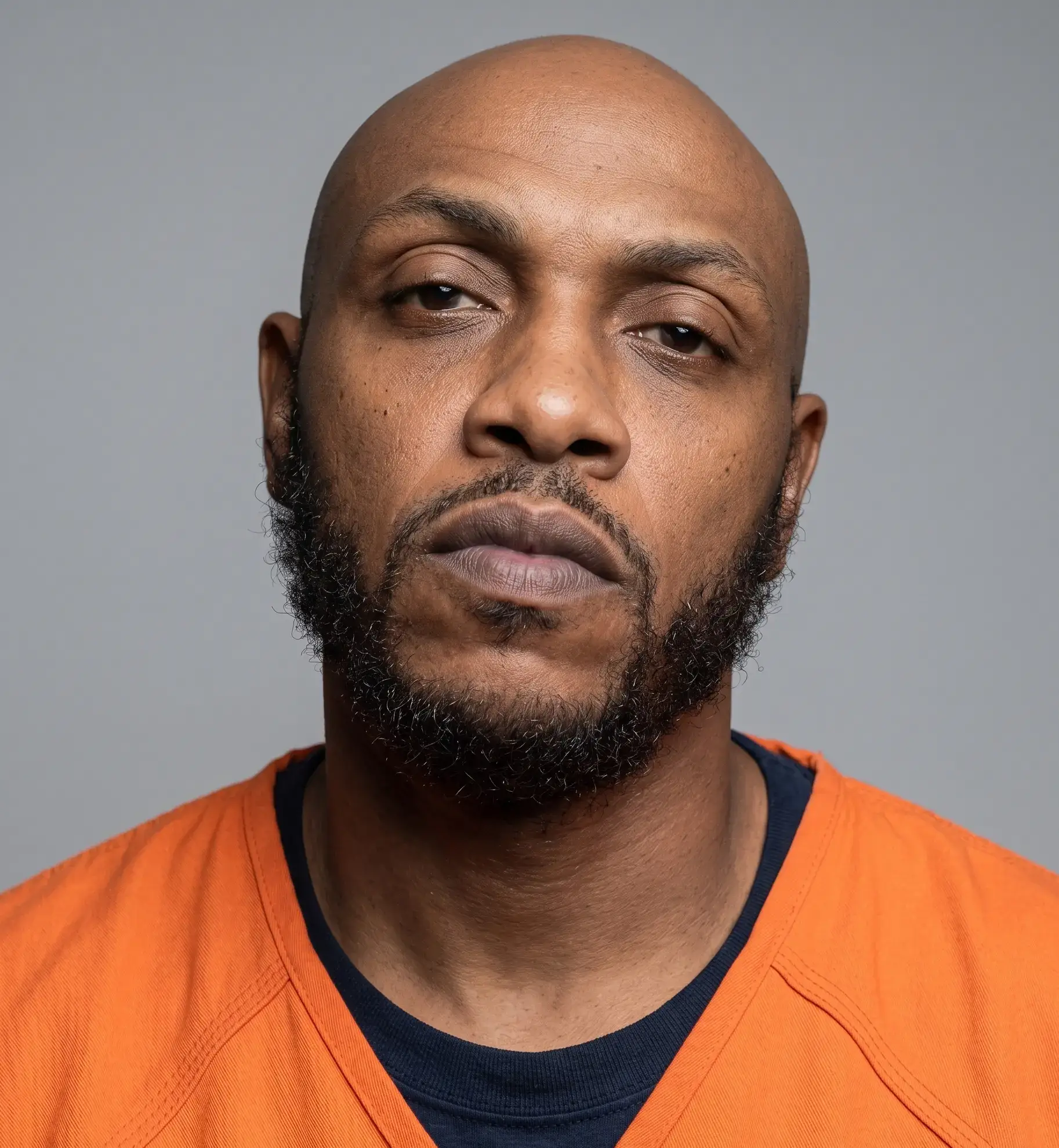 Rapper Mystikal poses for a direct headshot portrait wearing a bright orange prison jumpsuit over a dark t-shirt against a plain gray background.
