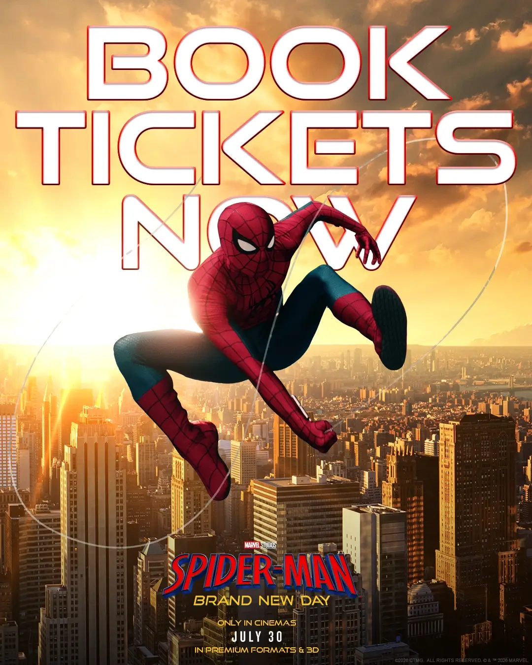 A promotional movie poster for Spider-Man: Brand New Day features the web-slinger mid-air against a golden sunset cityscape with the text "BOOK TICKETS NOW,".