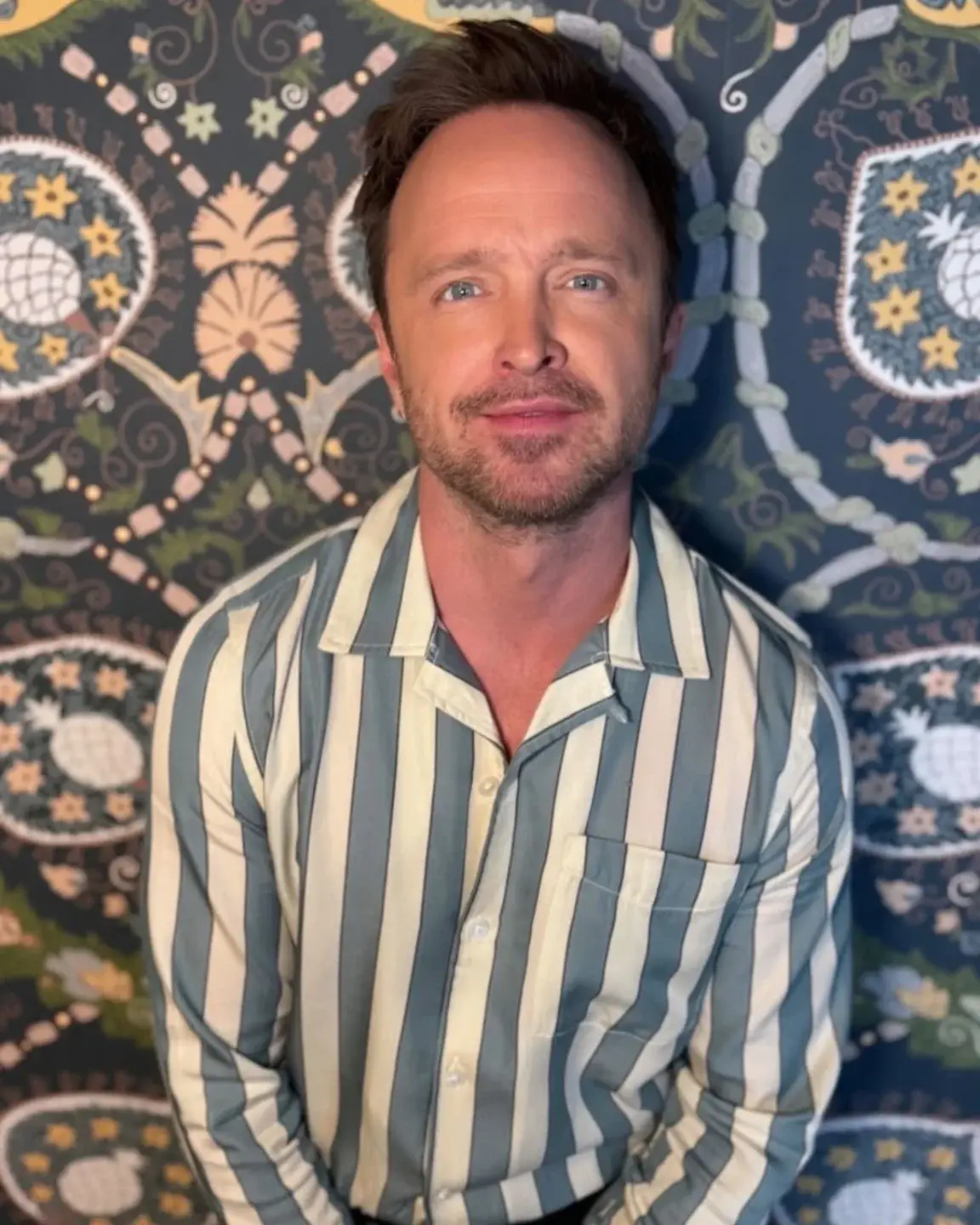 Actor Aaron Paul smiles softly at the camera wearing a blue and white striped button-up shirt against a decorative patterned wallpaper background.