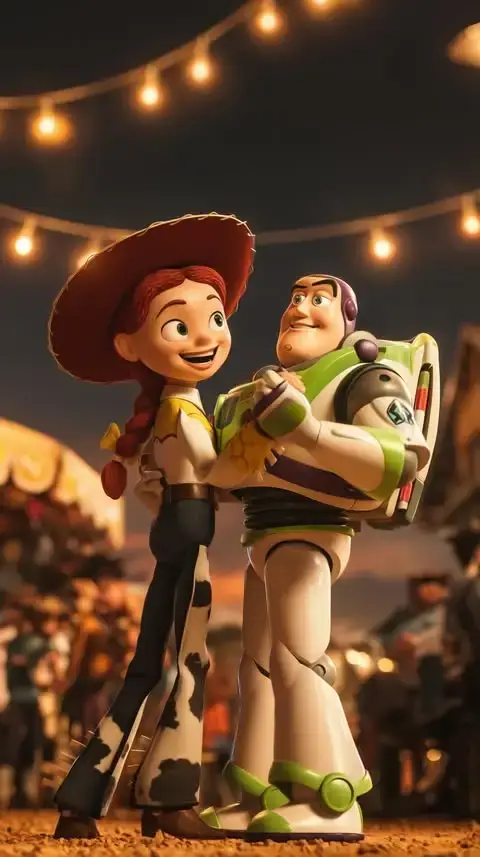 Animated characters Cowgirl Jessie and Buzz Lightyear hold hands and smile at each other affectionately under a string of glowing warm lights.