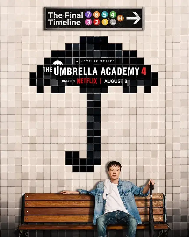 Actor Elliot Page sits on a wooden bench beneath a tiled subway wall featuring a mosaic umbrella poster for "The Umbrella Academy 4,".