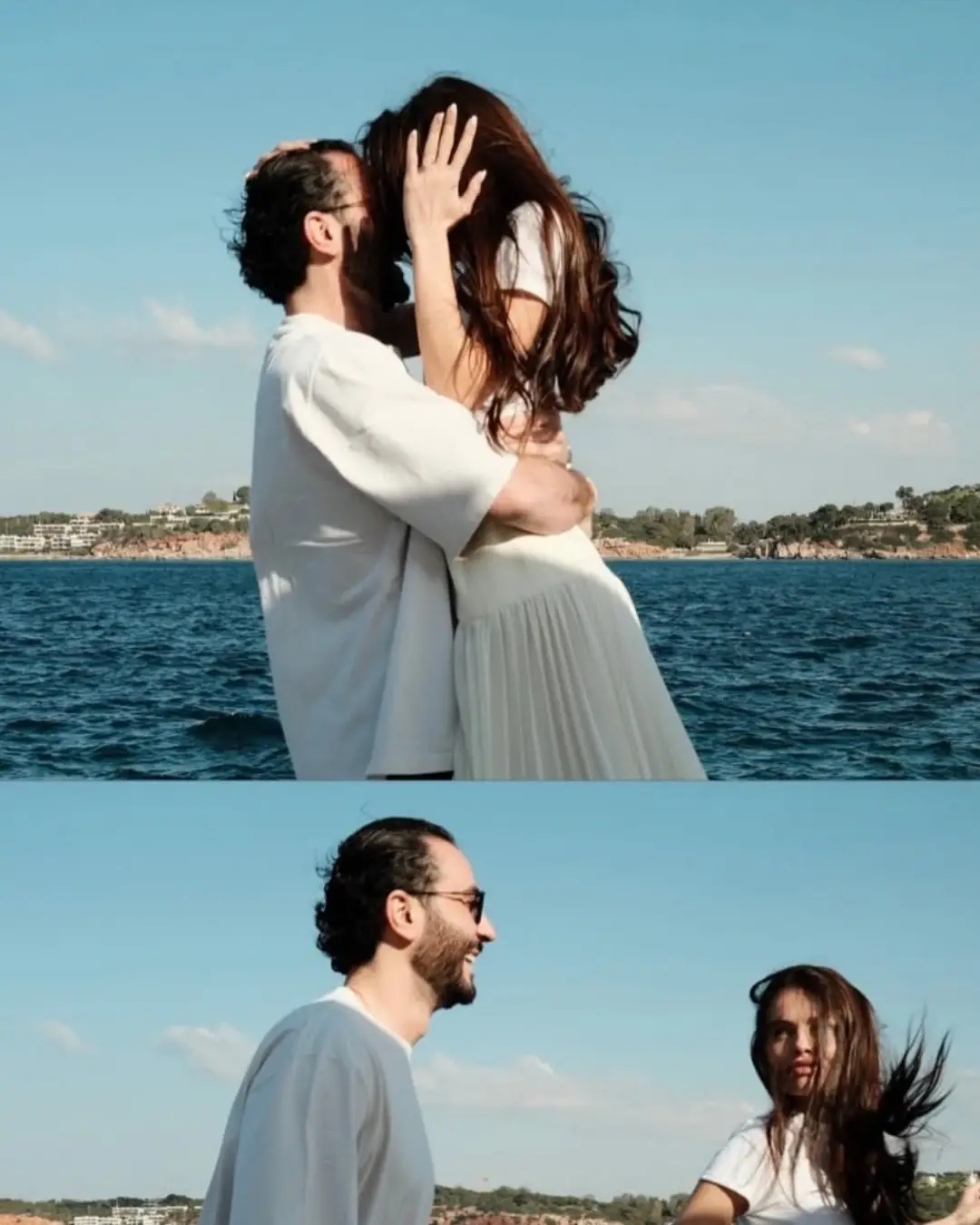 A two-panel photo showing model Thylane Blondeau and her husband Ben Attal embracing passionately and smiling on a boat trip over the blue sea.