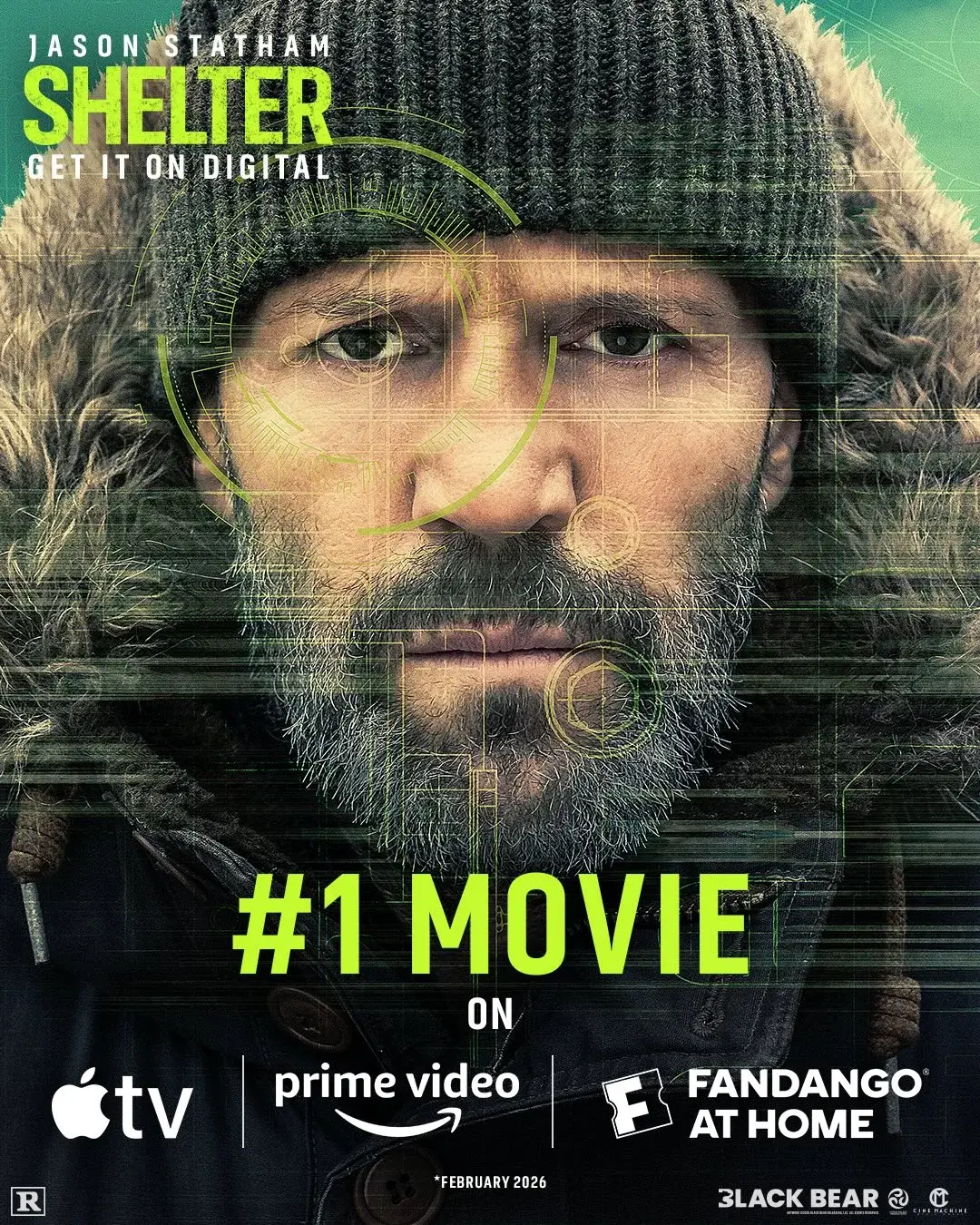 A promotional movie poster featuring a close-up of a bearded Jason Statham in a winter hood and beanie under digital tech graphics for the film "Shelter".