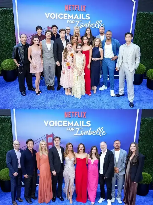 A two-panel photo showing actress Zoey Deutch posing with the cast and crew of "Voicemails for Isabelle" on a blue carpet at a Netflix event.