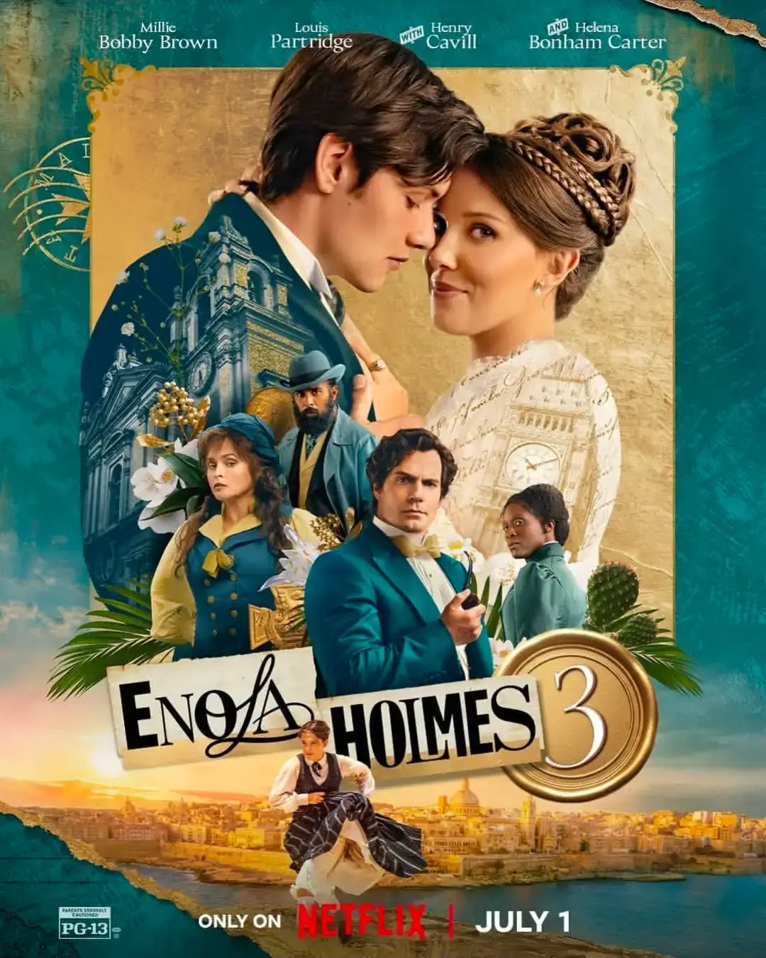 A promotional movie poster for "Enola Holmes 3" featuring Millie Bobby Brown, Louis Partridge, Henry Cavill, and Helena Bonham Carter against a vintage teal and gold background.