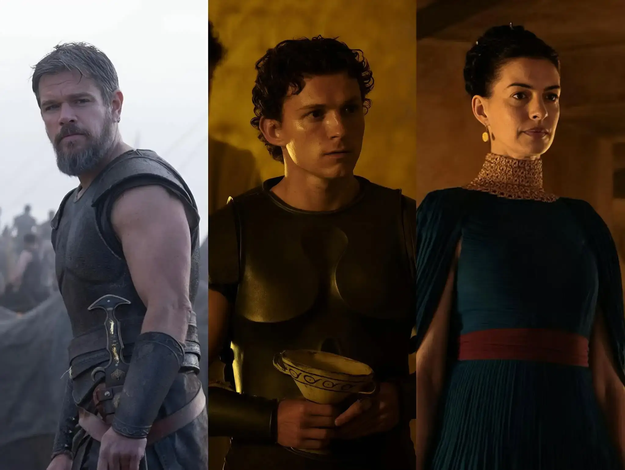 A side-by-side three-panel collage featuring Matt Damon as Odysseus in leather armor, Tom Holland as Telemachus holding an ancient chalice, and Anne Hathaway as Penelope in a dark teal gown.