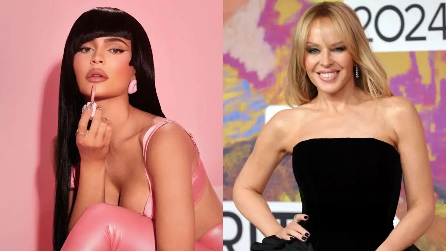 A side-by-side comparison image featuring Kylie Jenner applying lip gloss in a pink outfit on the left and a smiling Kylie Minogue in a black strapless dress on the right.